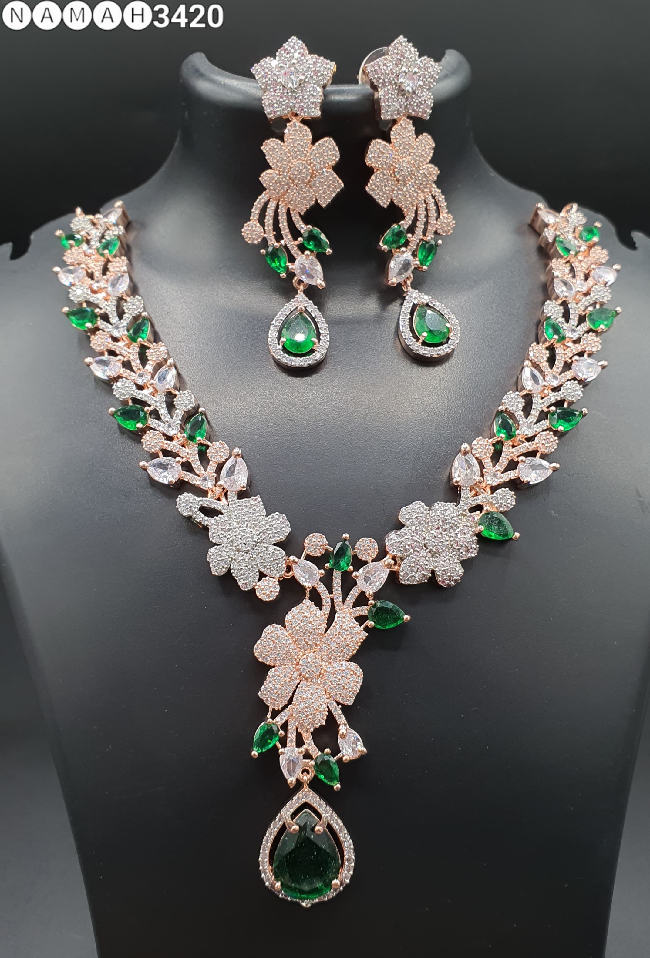 Beautiful American Diamond Antique Stone Necklace with Earrings Jewellery