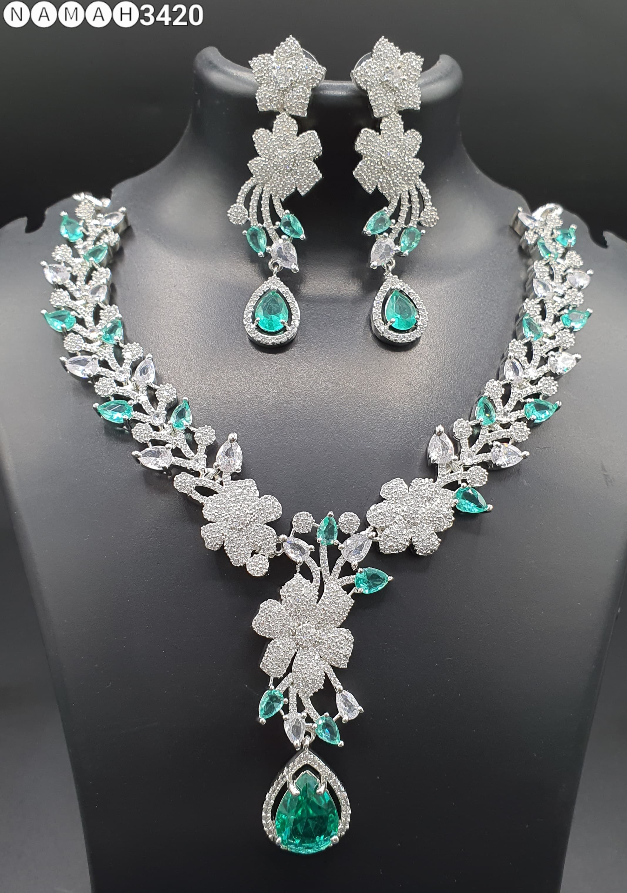Beautiful American Diamond Antique Stone Necklace with Earrings Jewellery