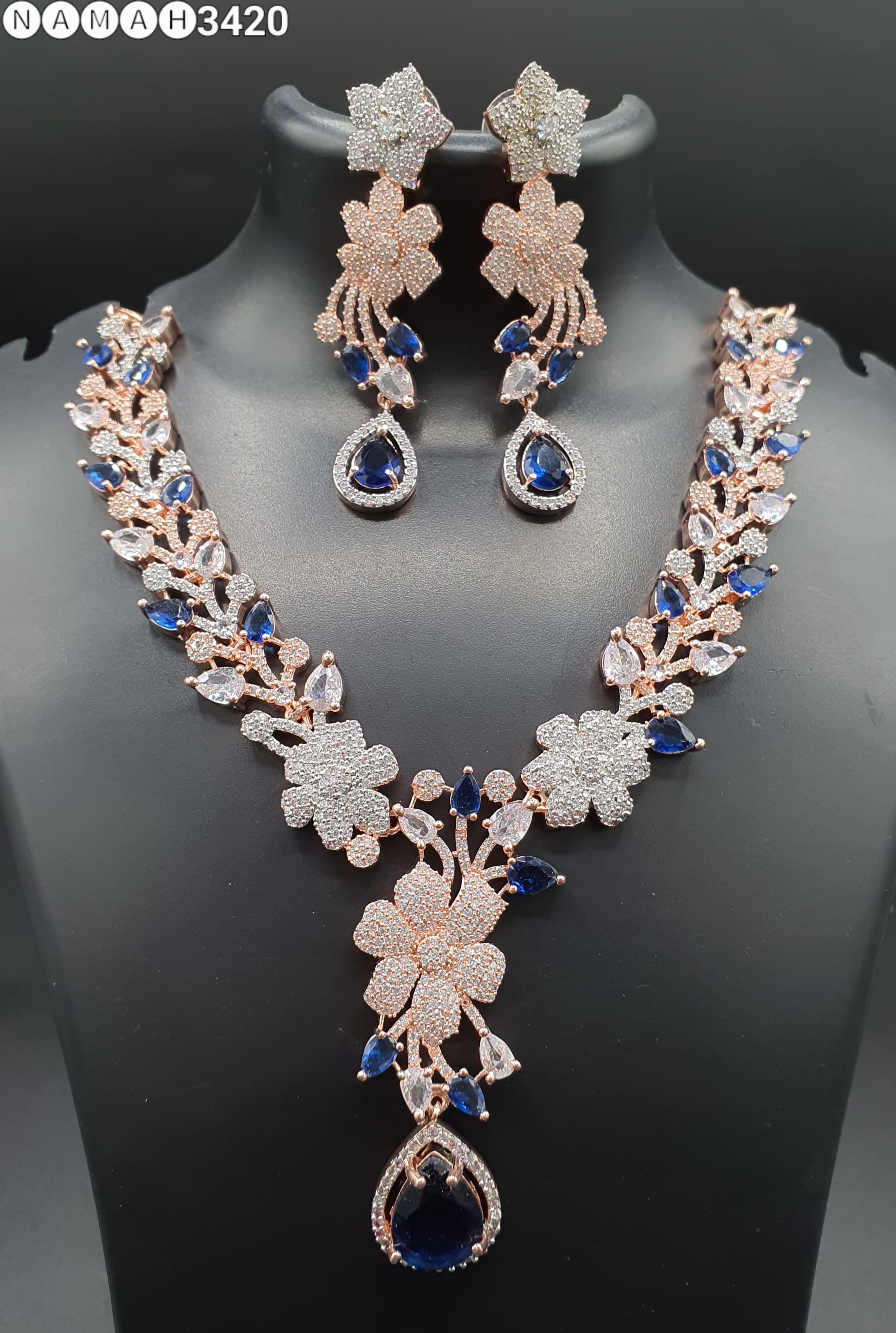 Beautiful American Diamond Antique Stone Necklace with Earrings Jewellery