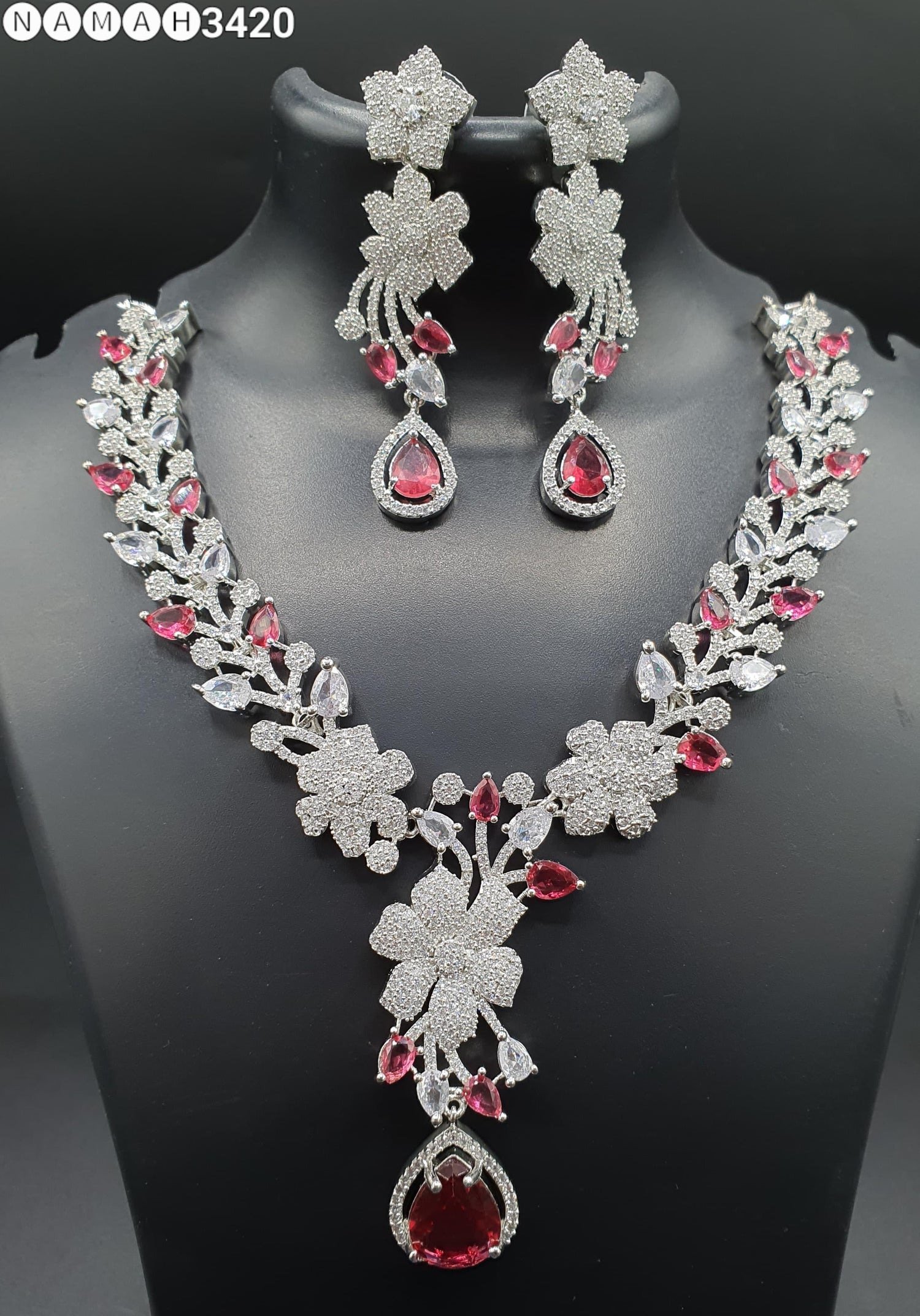 Beautiful American Diamond Antique Stone Necklace with Earrings Jewellery