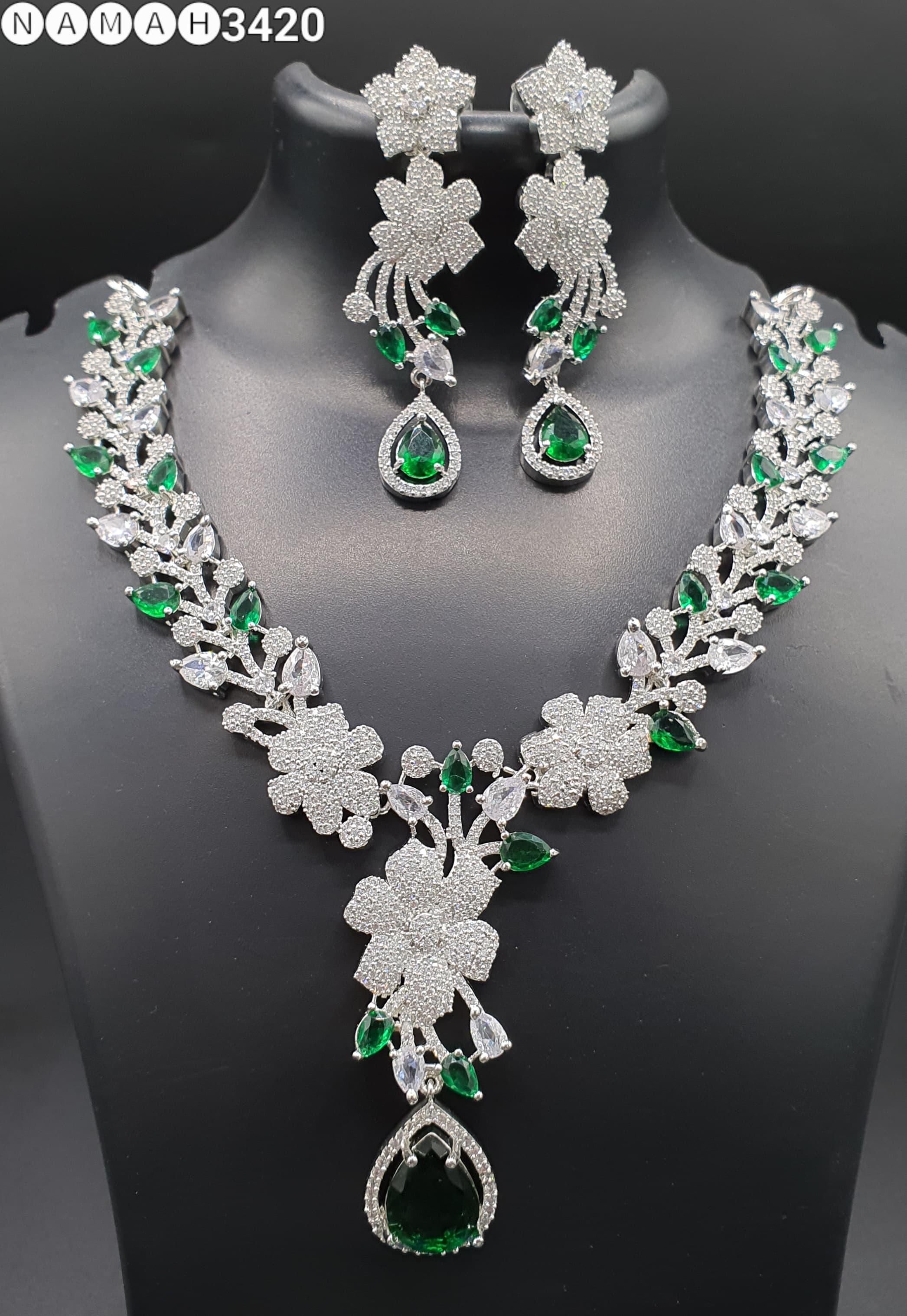 Beautiful American Diamond Antique Stone Necklace with Earrings Jewellery