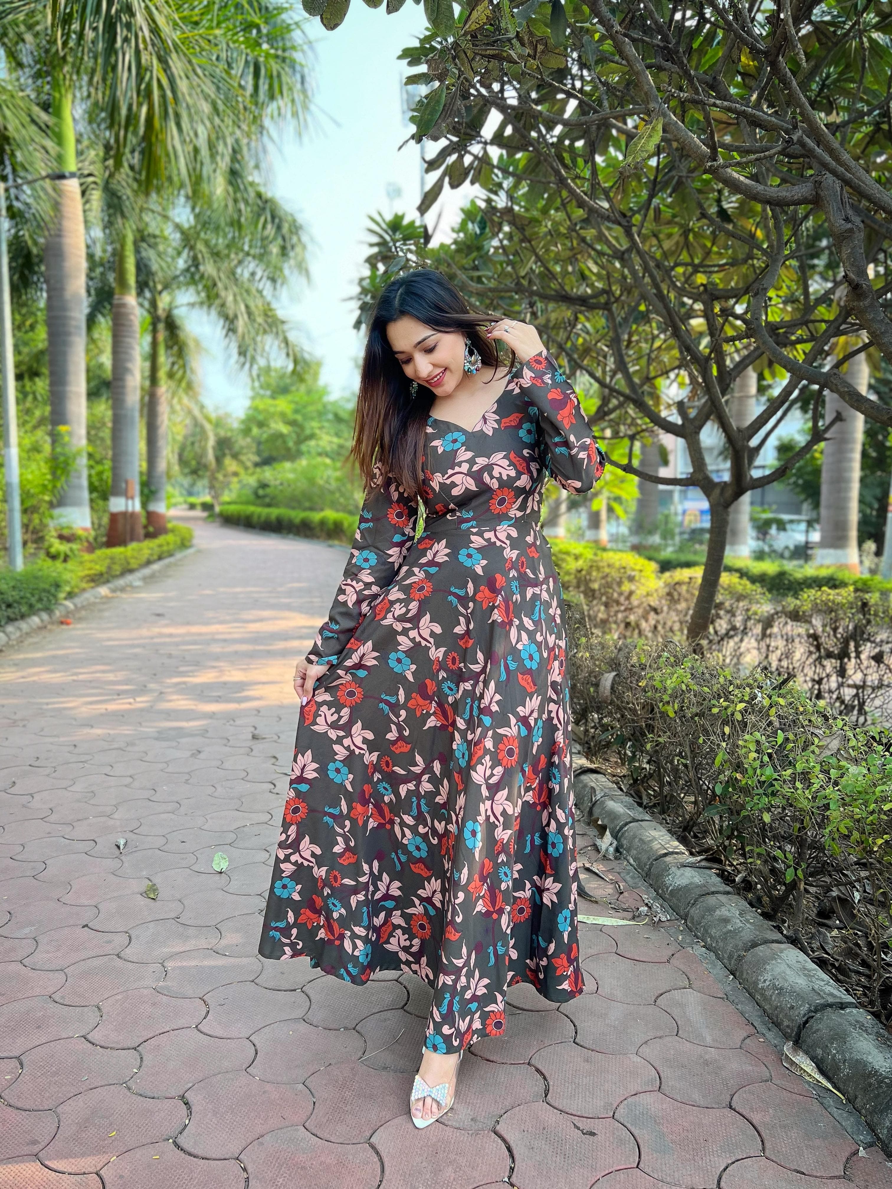 Floral Print Latest Designer Green Colour Gown Online Shopping