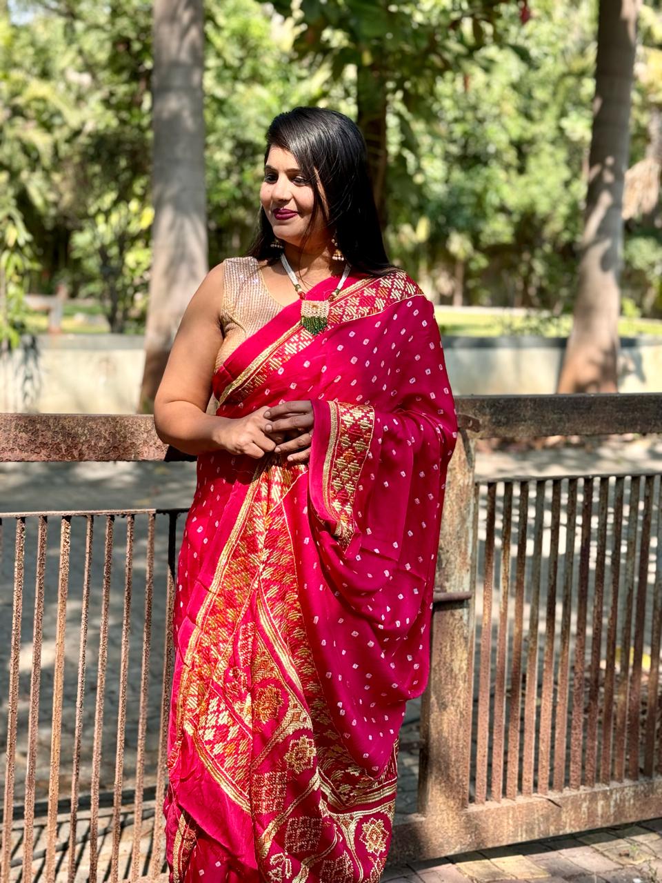 Beautiful Designer Pure Gujji Wark Bandhej Saree