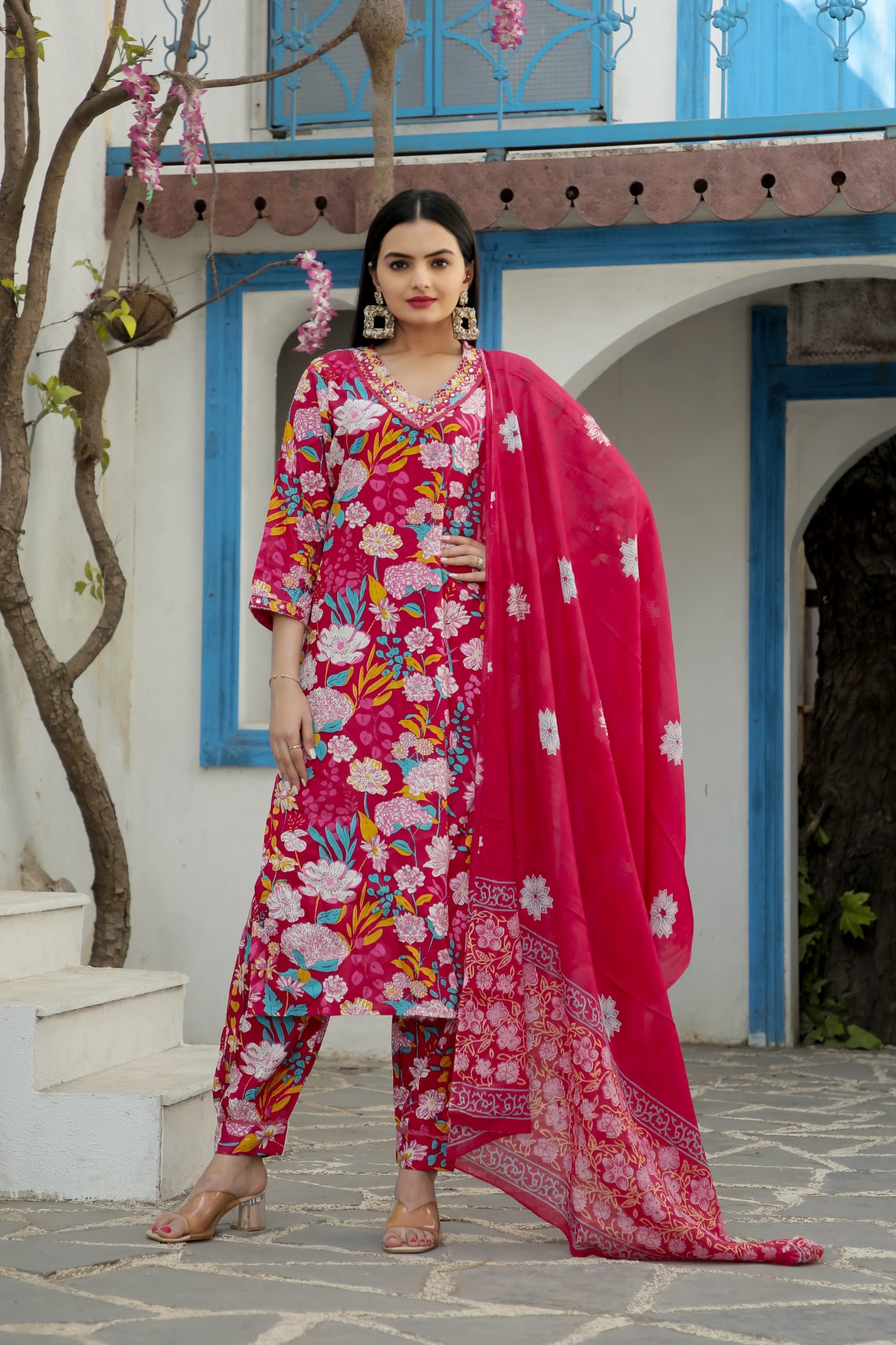 Maabetii Red Lace Work Cotton Pathani Afghani Suit – maabetii