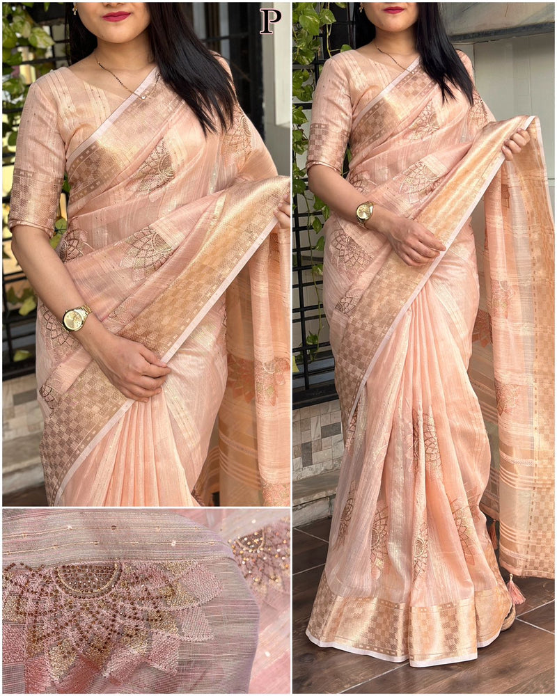 Beautiful Designer Minakari Pure Organza Linen Jacquard Saree