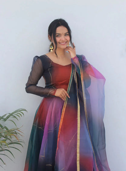 Beautiful Designer Party Wear Look Organza Taby Silk Gown