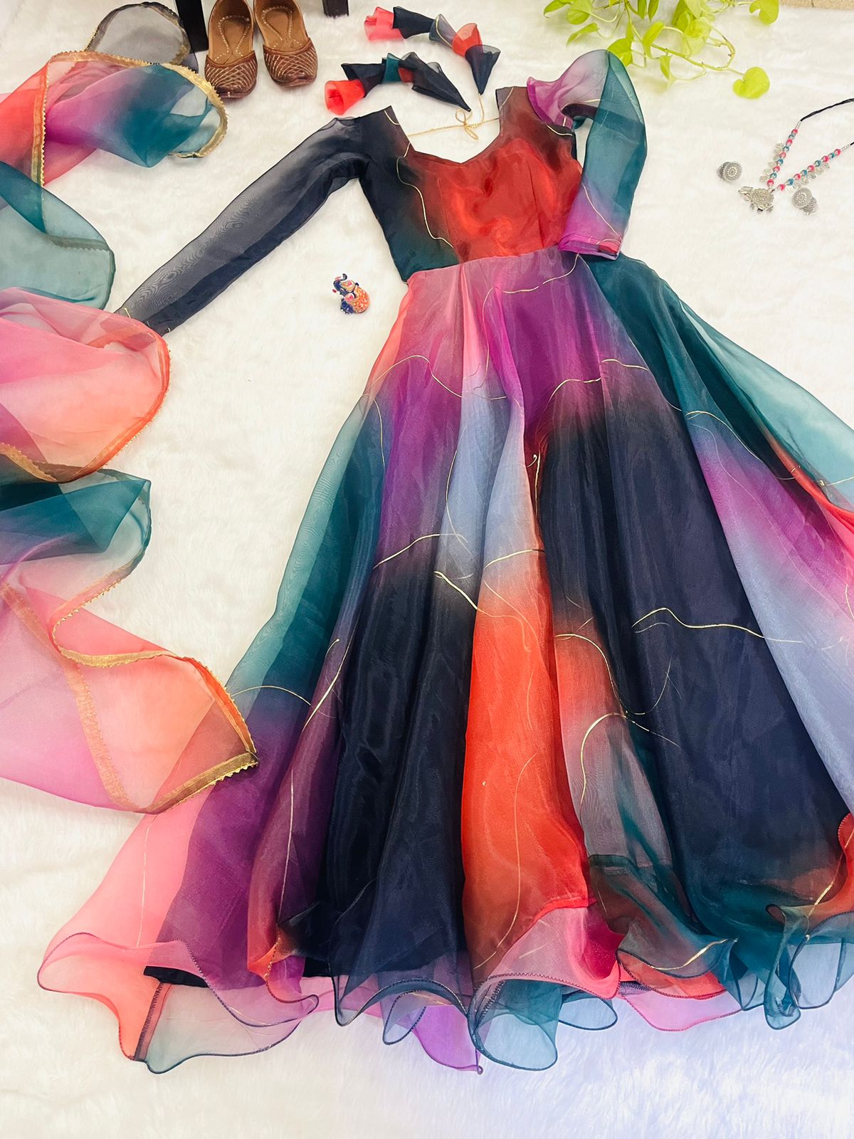 Beautiful Designer Party Wear Look Organza Taby Silk Gown