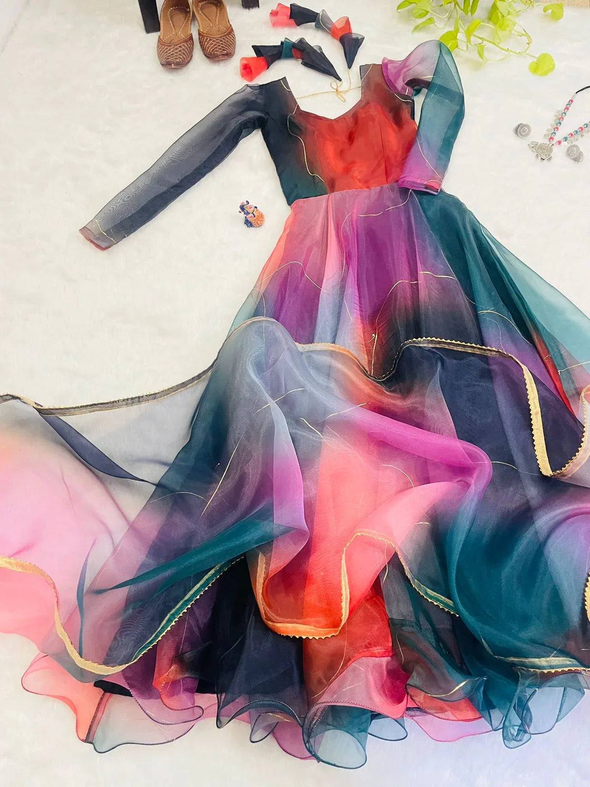 Beautiful Designer Party Wear Look Organza Taby Silk Gown