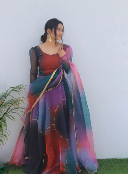 Beautiful Designer Party Wear Look Organza Taby Silk Gown