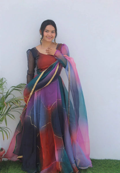 Beautiful Designer Party Wear Look Organza Taby Silk Gown
