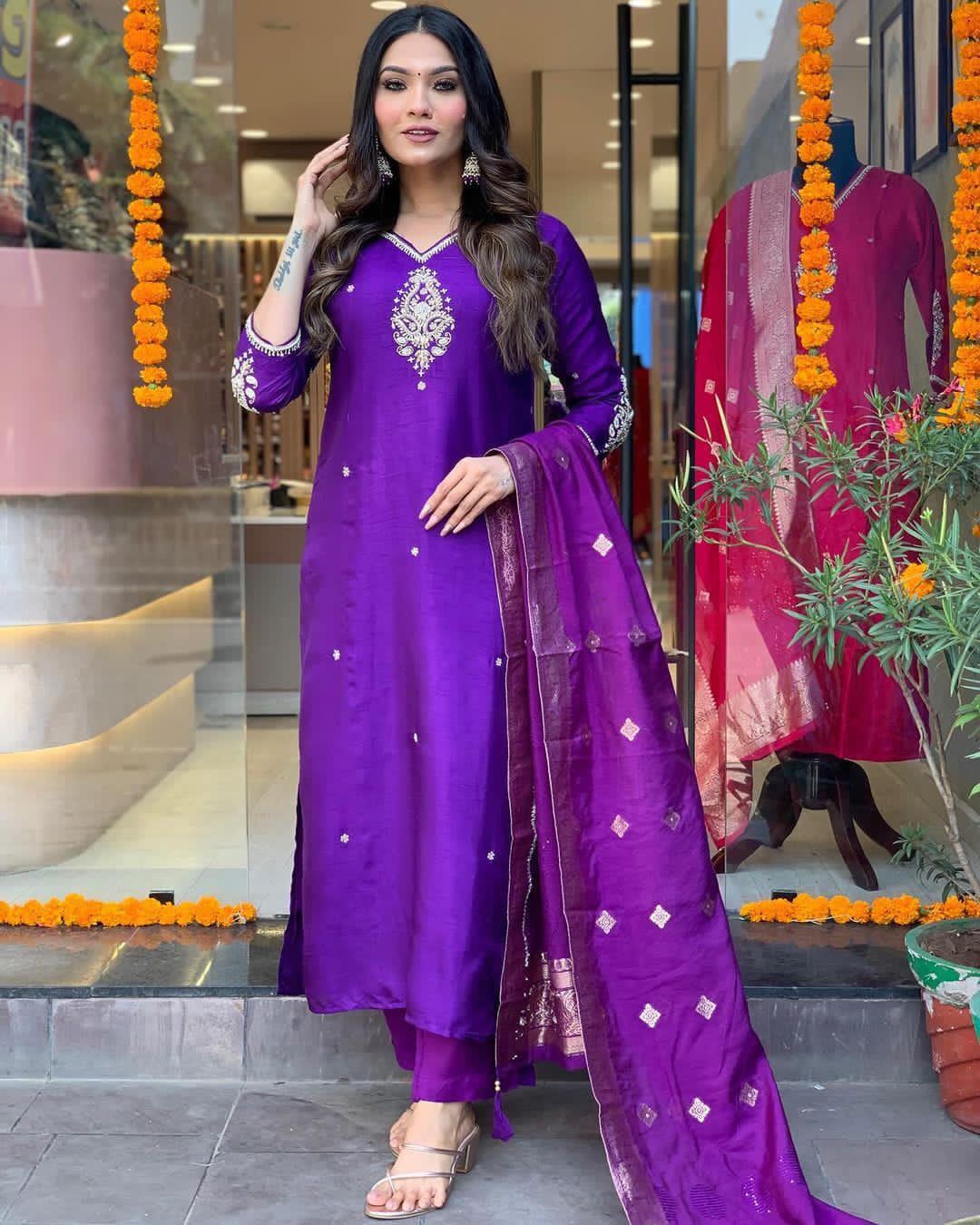 Purple Salwar Kameez Silk Designer Party Wear Purple Cotton Silk