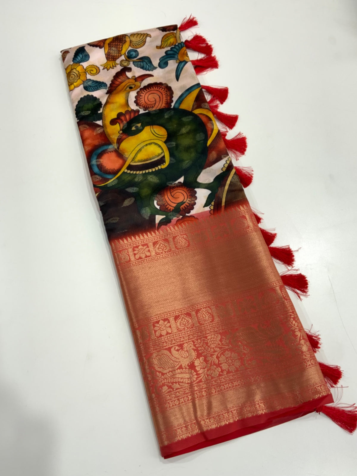 Beautiful Designer Soft Banarasi Silk Kalamkari Flower Print Saree