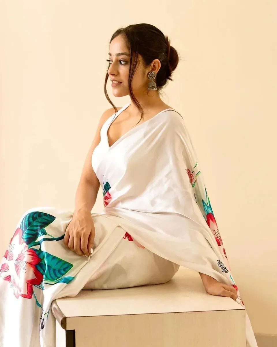 Beautiful Designer Satin Silk With Digital Floral Print Saree