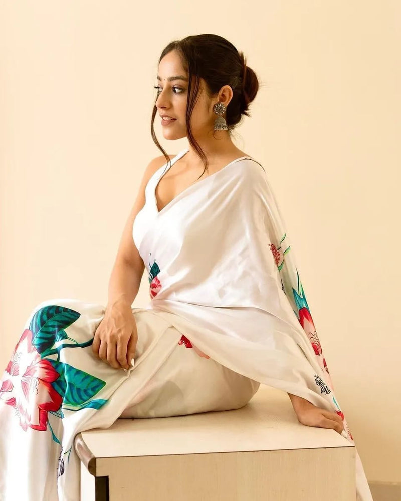 Beautiful Designer Satin Silk With Digital Floral Print Saree