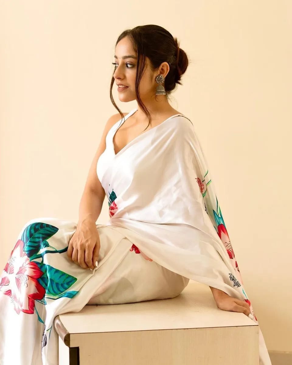 Beautiful Designer Satin Silk With Digital Floral Print Saree