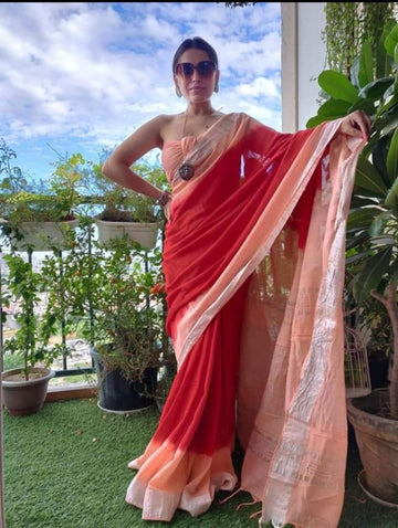 Beautiful Designer Original Linen With Silver Jari Patta Saree