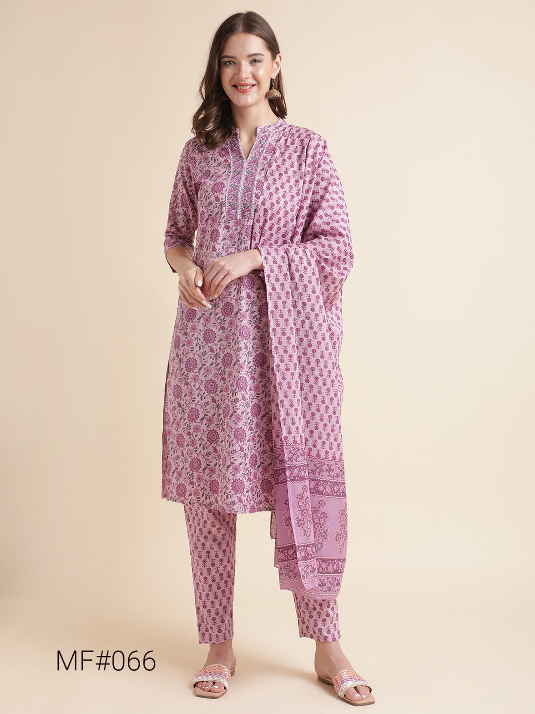Beautiful Women's Pink Floral Print Pure Cotton Kurta with Trousers & Dupatta