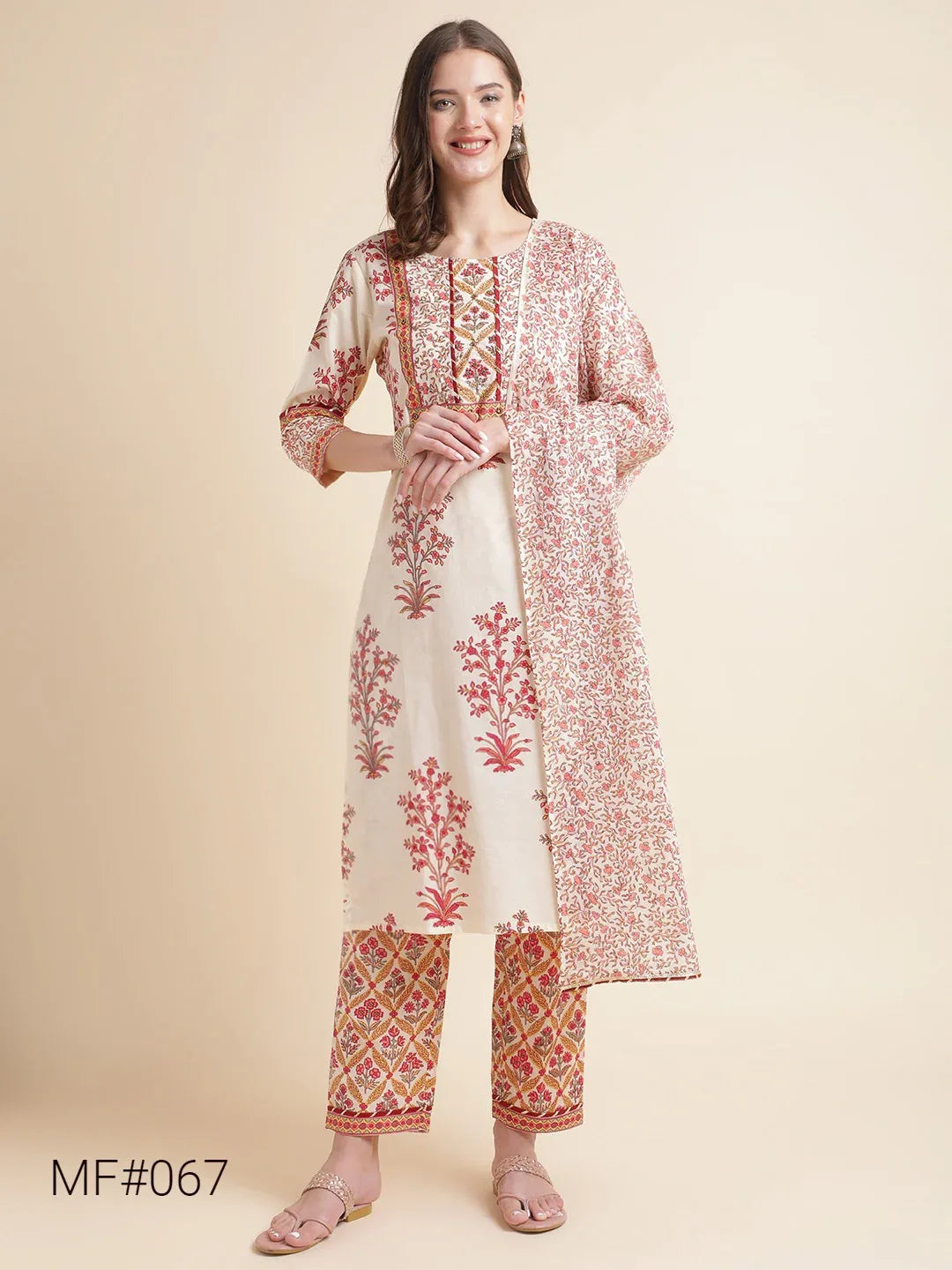 Beautiful Off-White Printed Pure Cotton Kurta with Pants &amp; Dupatta