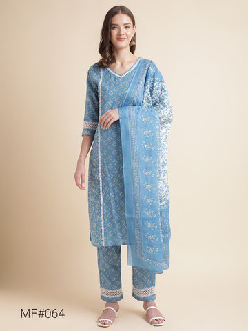 Beautiful Women Blue Floral Printed Lace Embellished Kurta with Pants and Dupatta