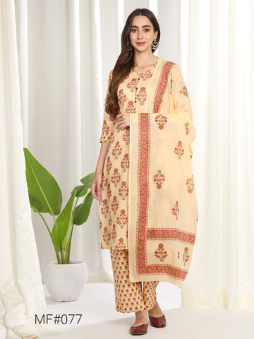 Beautiful Beige Floral Printed
Regular Pure Cotton Kurti with Trousers & With Dupatta