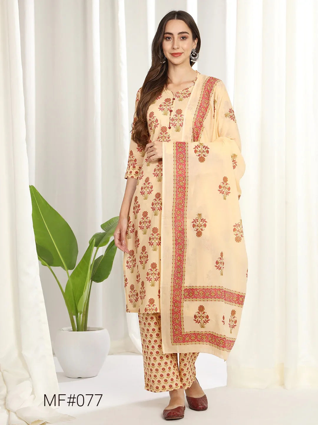 Beautiful Beige Floral Printed
Regular Pure Cotton Kurti with Trousers &amp; With Dupatta