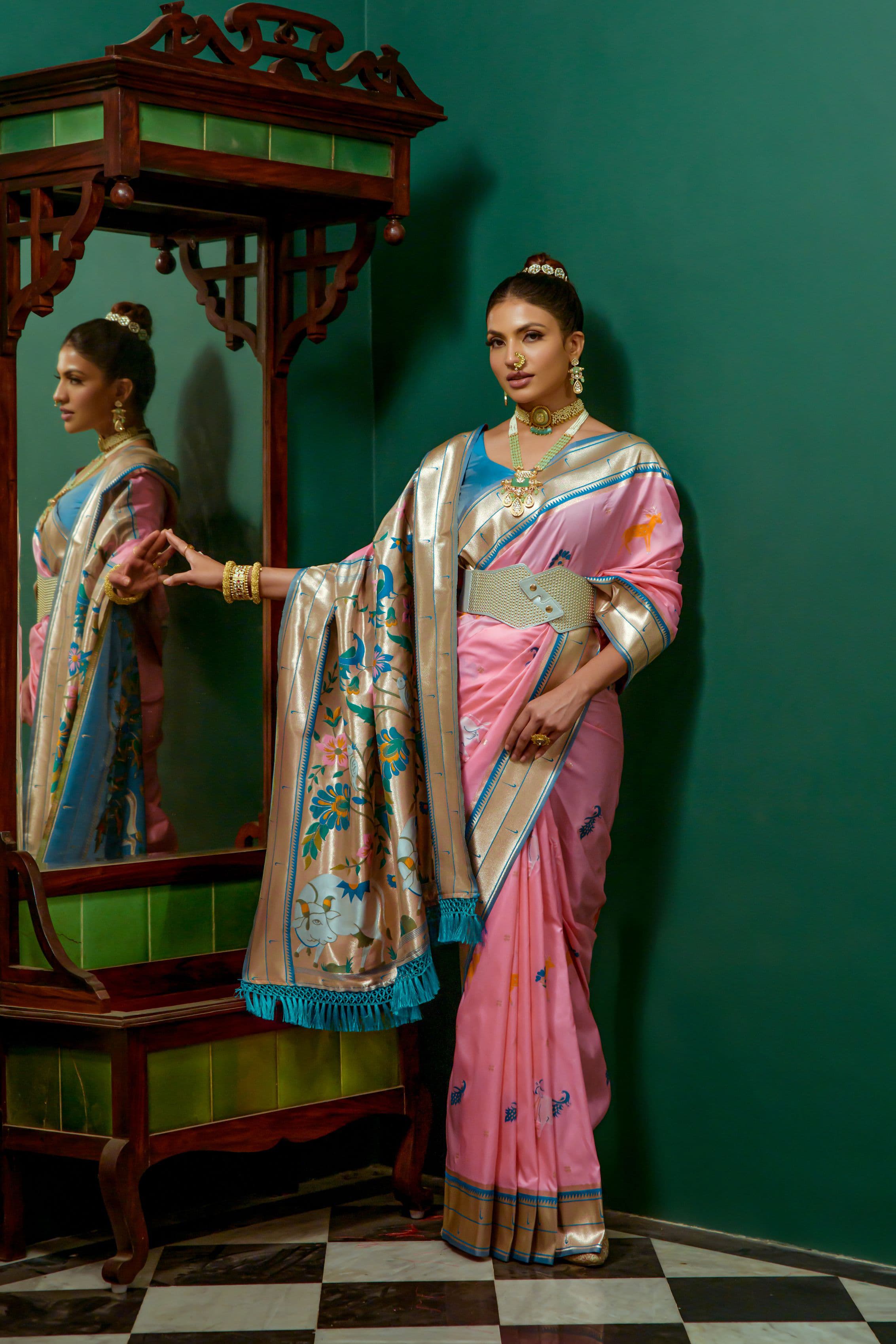 Beautiful Designer Baby Pink Soft Paithani Silk Saree With Blouse