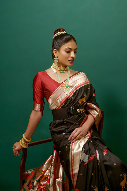 Beautiful Designer Heavy Wevon Zari Designer Black Colour Paithani Silk Saree