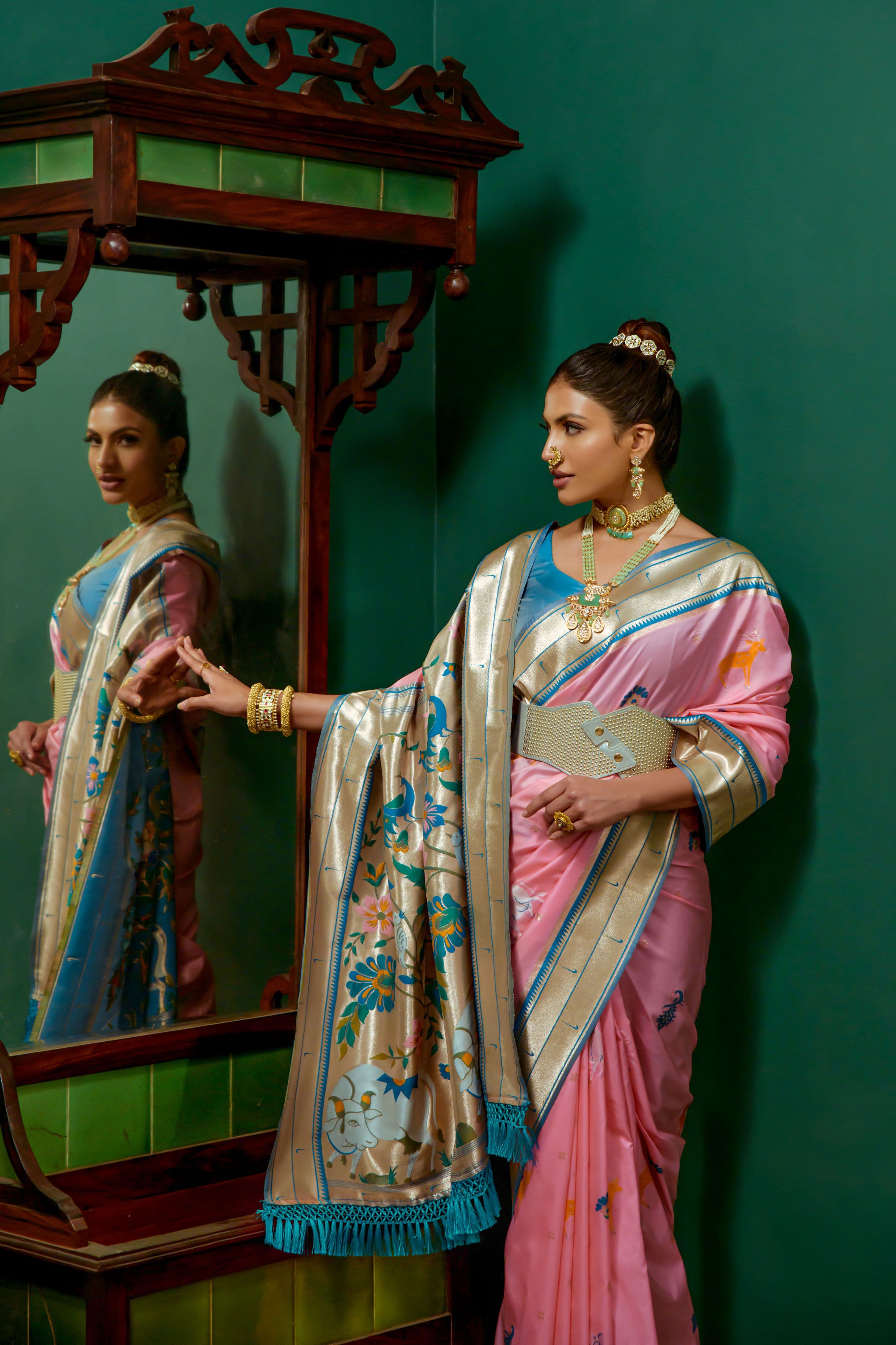 Beautiful Designer Baby Pink Soft Paithani Silk Saree With Blouse