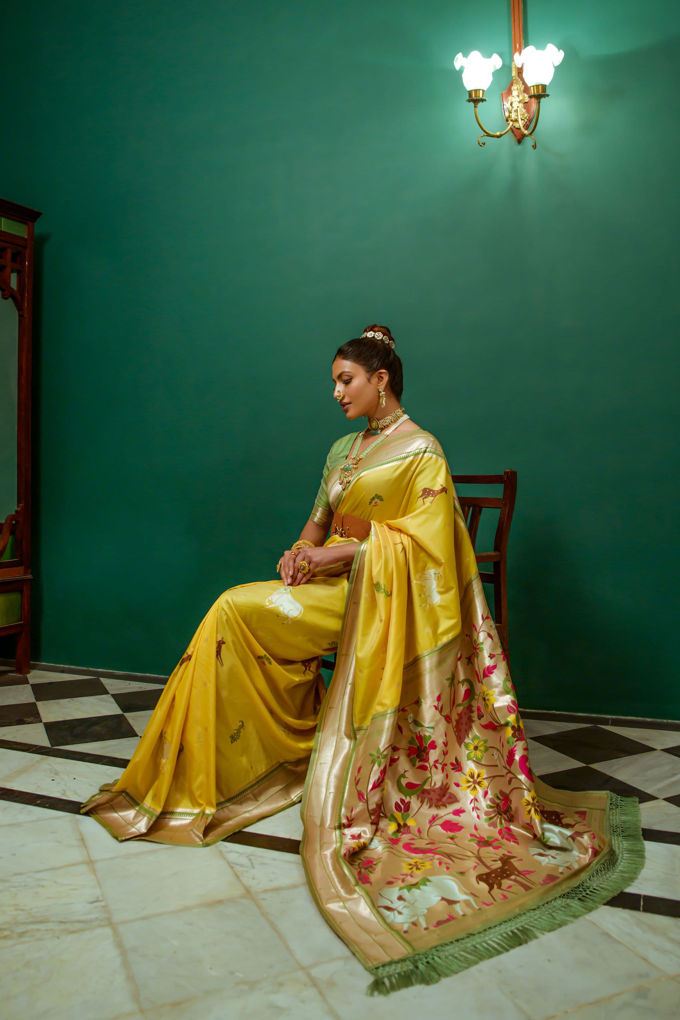 Beautiful Designer Yellow Soft Paithani Silk Saree With Blouse