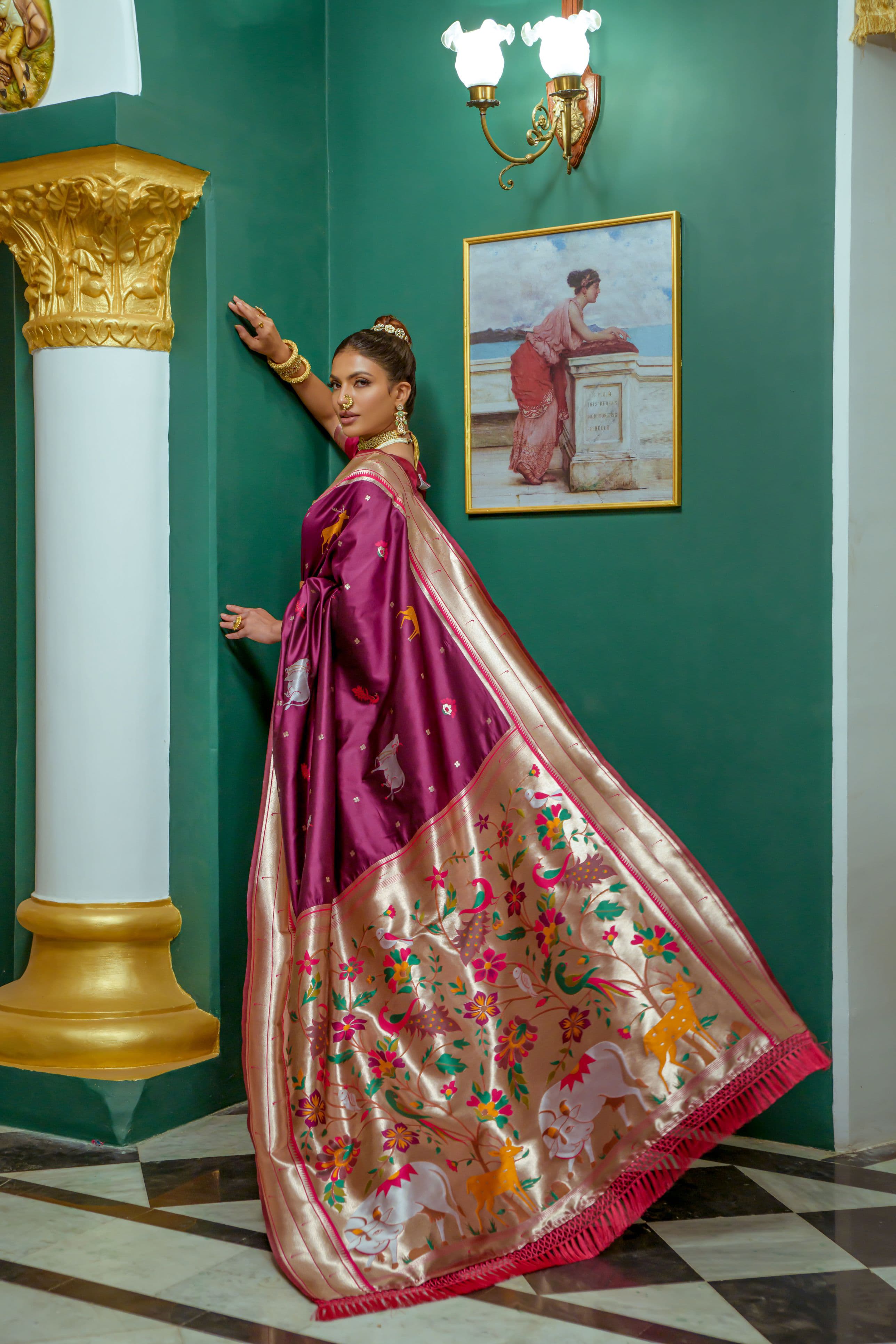 Beautiful Designer Dark Magenta Paithani Silk Saree