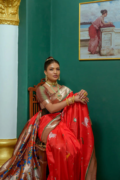Beautiful Designer Pomegranate Red Woven Paithani Silk Saree