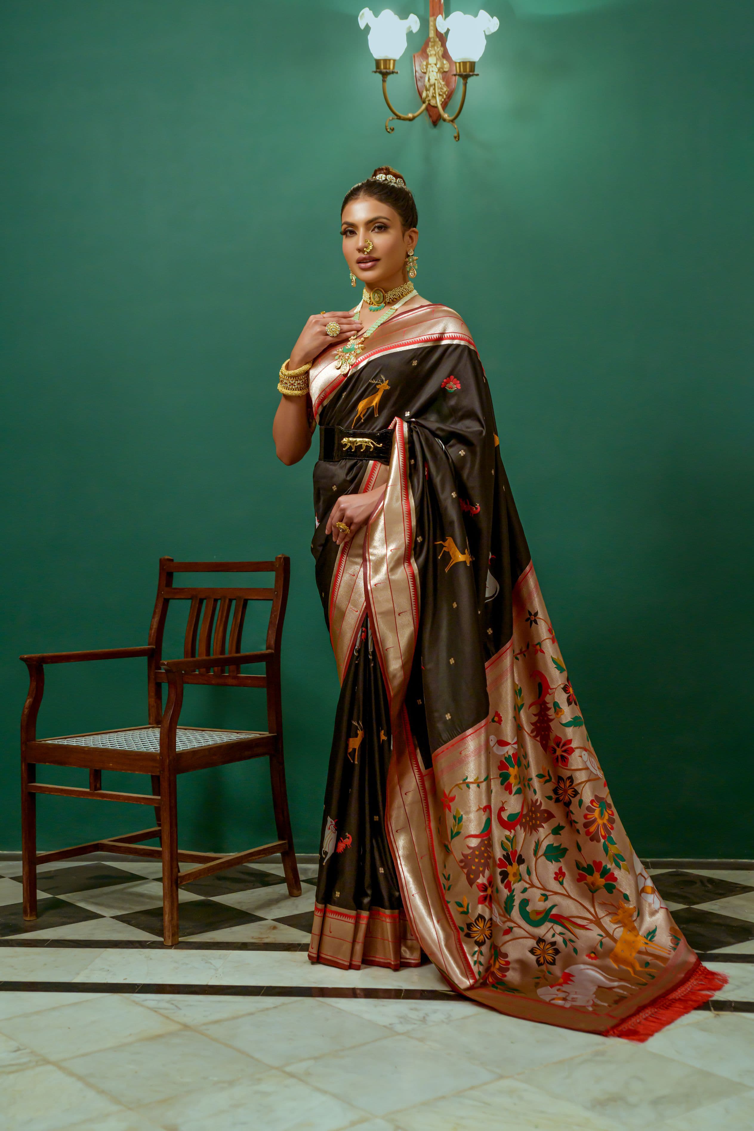 Beautiful Designer Heavy Wevon Zari Designer Black Colour Paithani Silk Saree