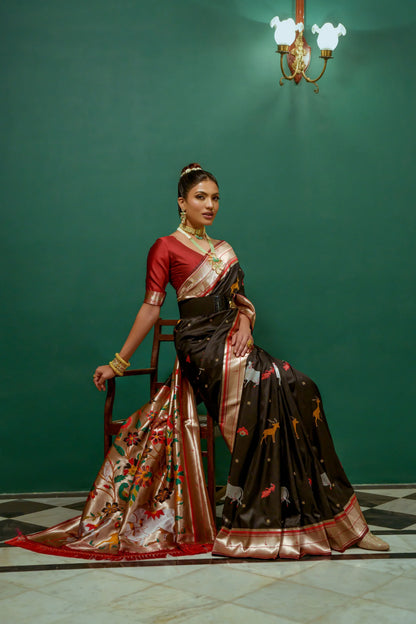 Beautiful Designer Heavy Wevon Zari Designer Black Colour Paithani Silk Saree