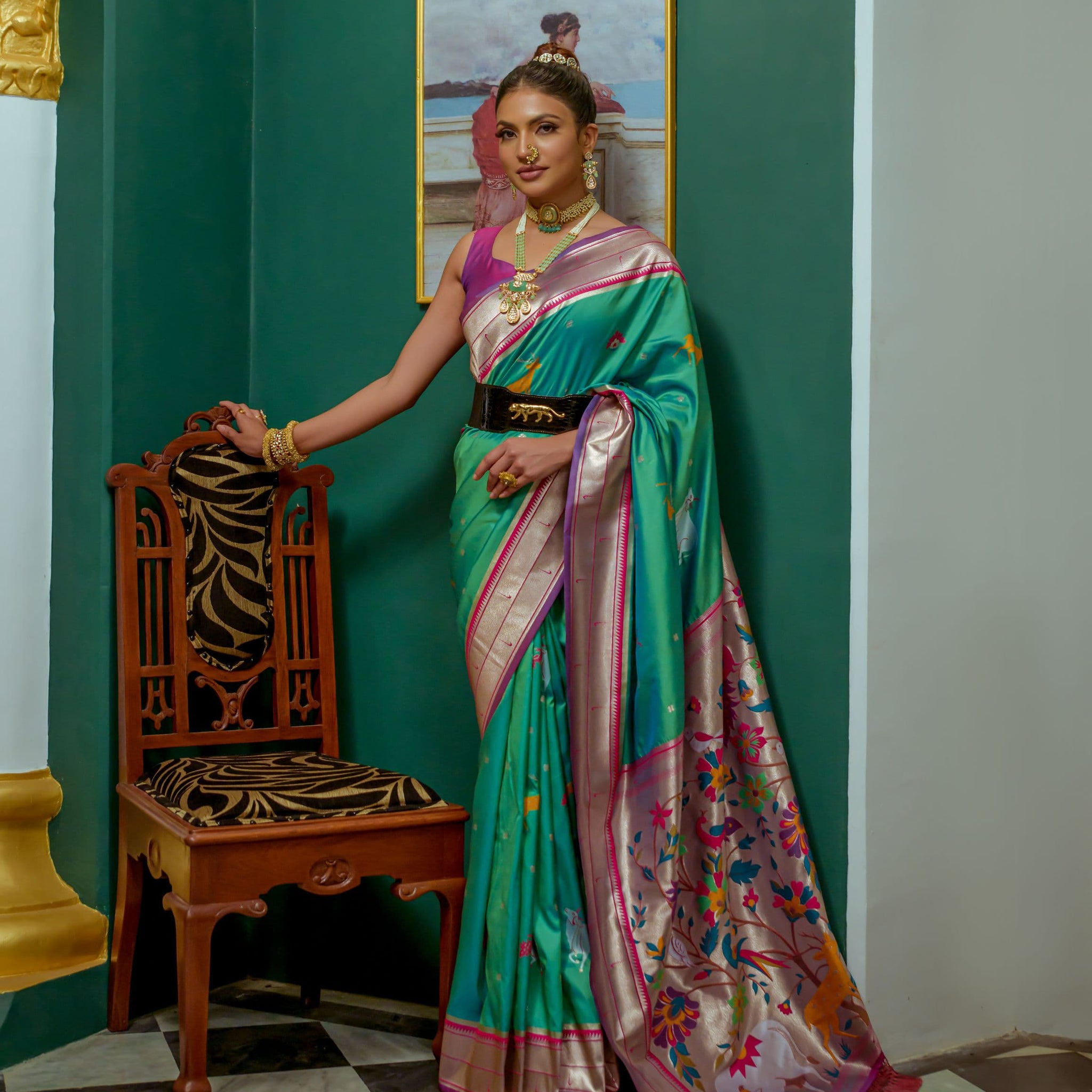 Beautiful Designer Sea Green Paithani Silk Saree With Blouse Piece