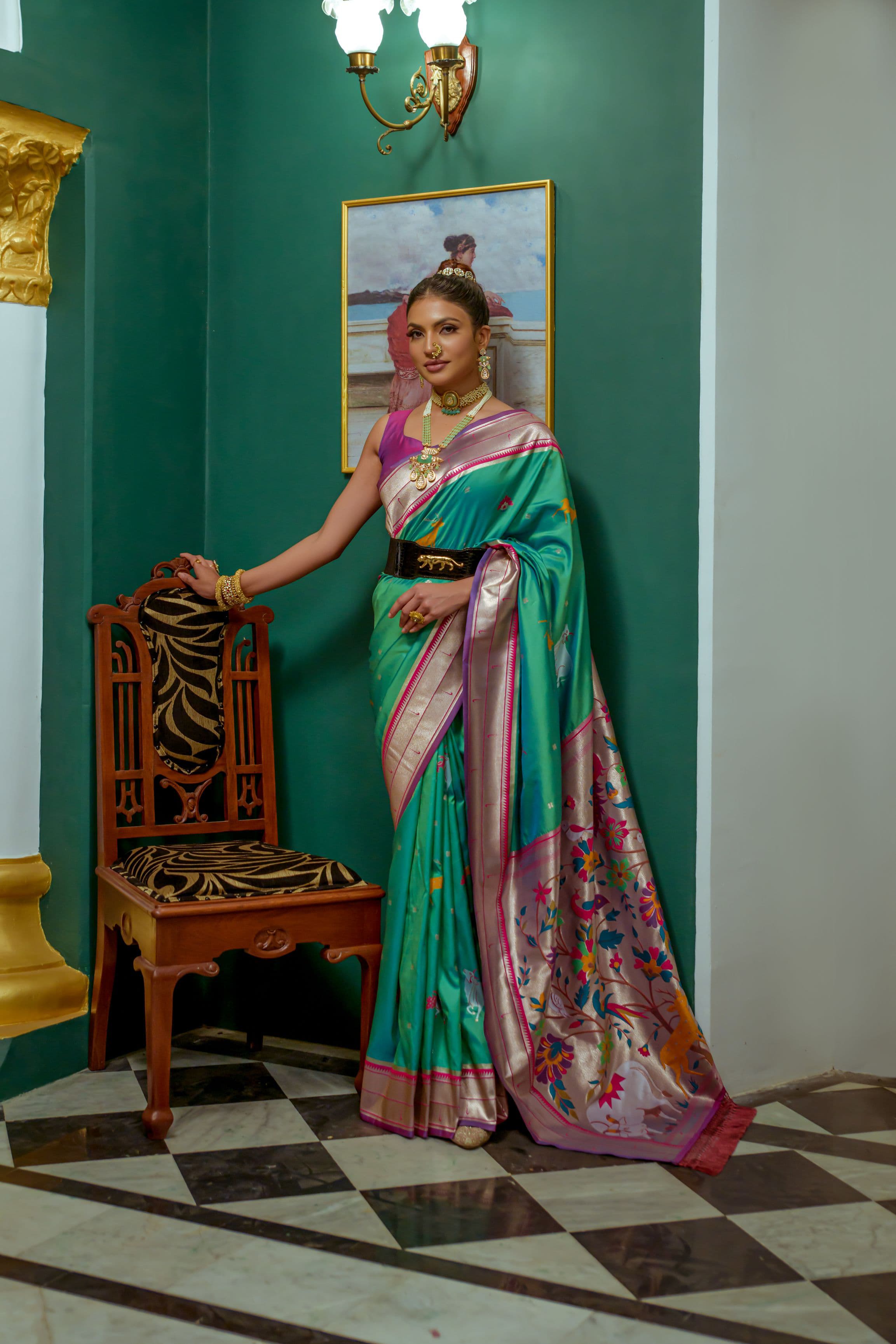 Beautiful Designer Sea Green Paithani Silk Saree With Blouse Piece
