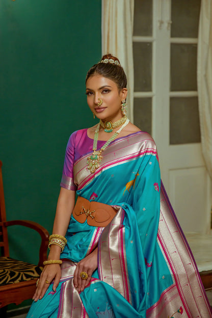 Beautiful Designer Heavy Wevon Zari Designer Blue Colour Paithani Silk Saree