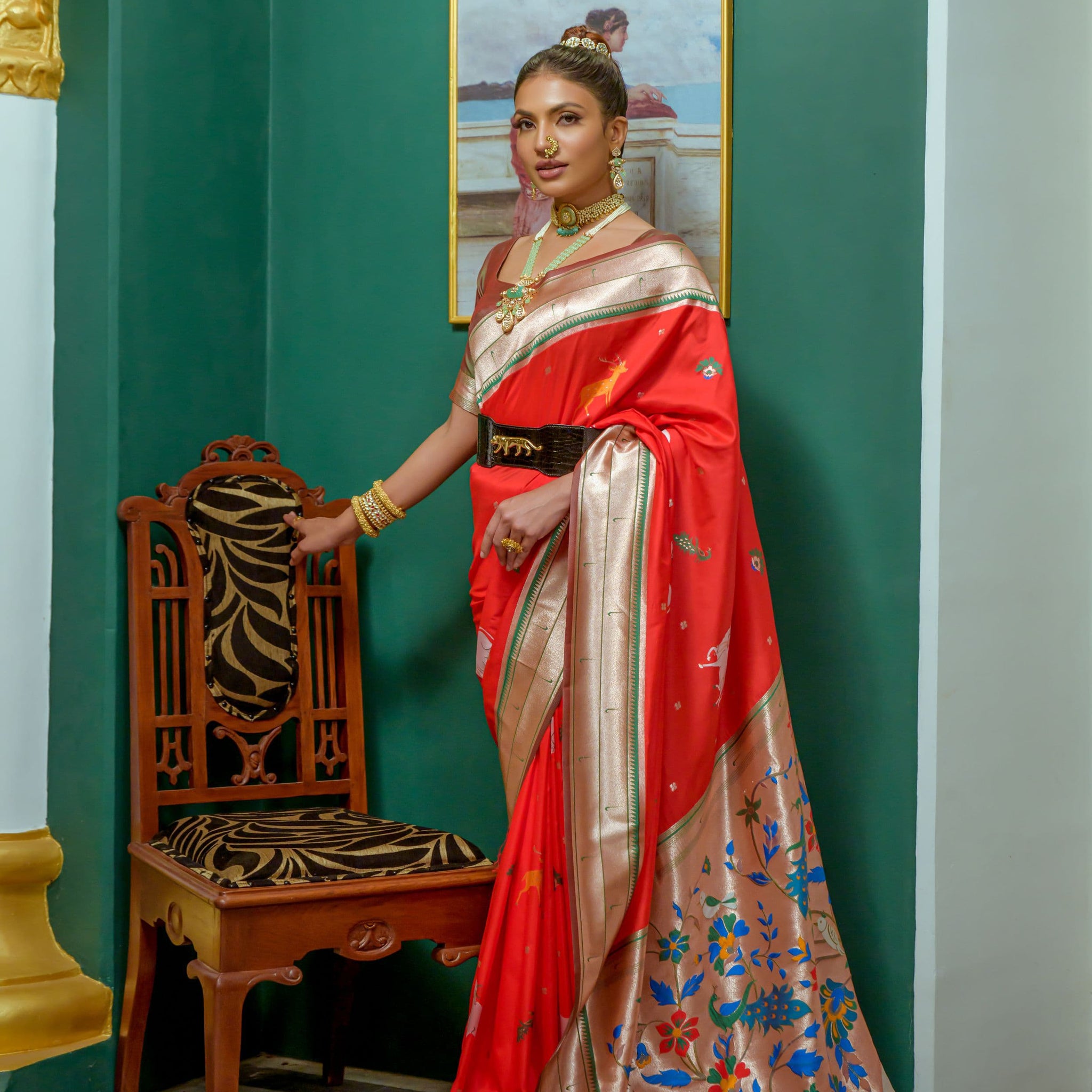 Beautiful Designer Pomegranate Red Woven Paithani Silk Saree