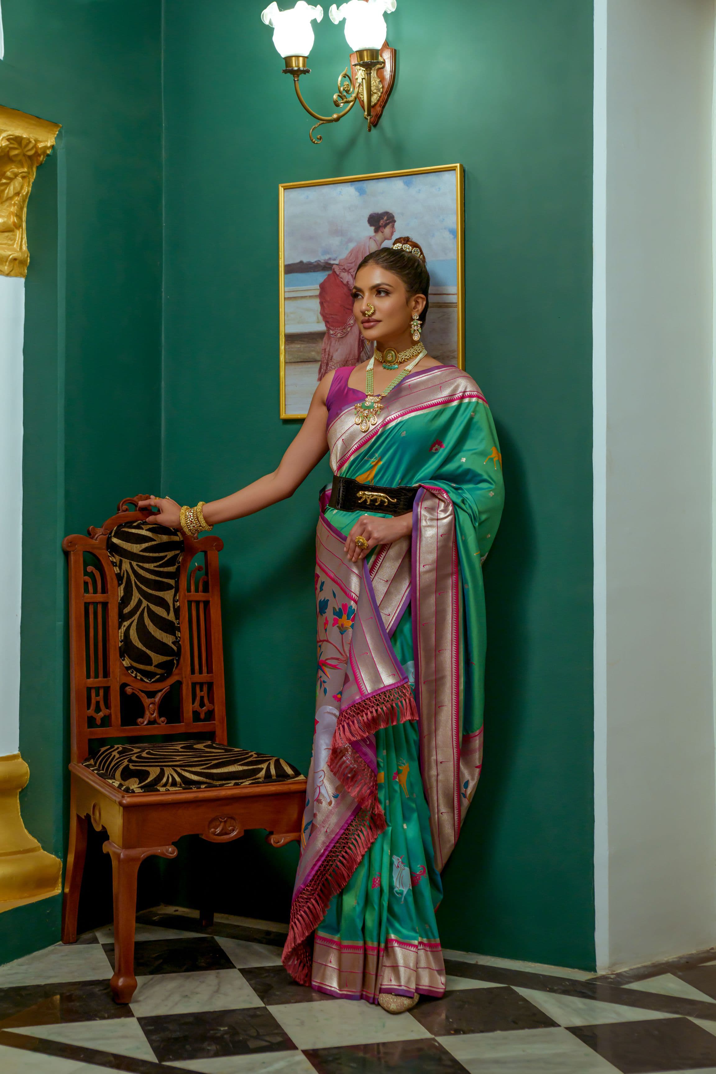 Beautiful Designer Sea Green Paithani Silk Saree With Blouse Piece