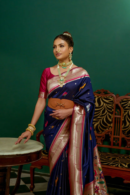 Beautiful Designer Navy Blue Paithani Silk Saree With Blouse