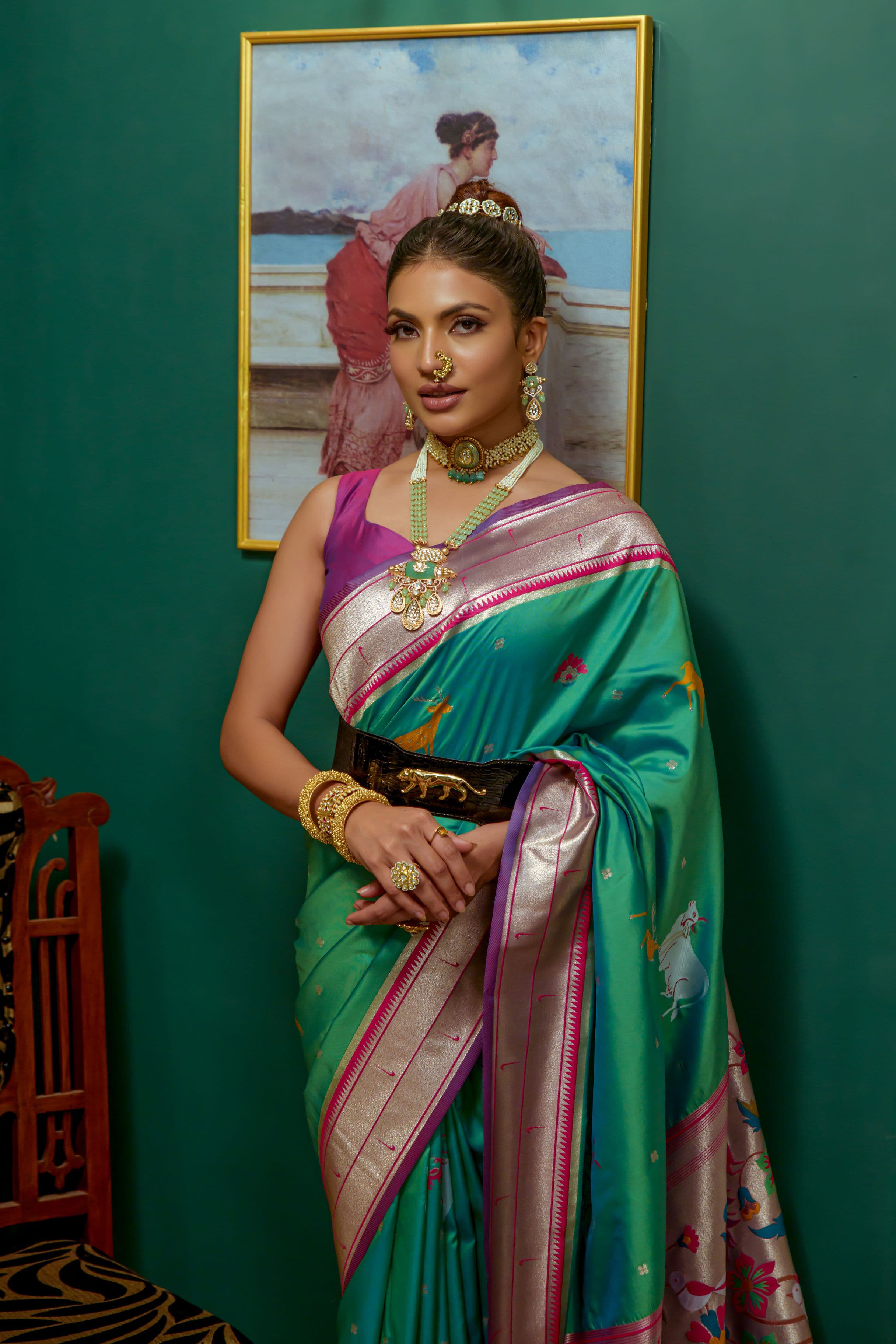 Beautiful Designer Sea Green Paithani Silk Saree With Blouse Piece