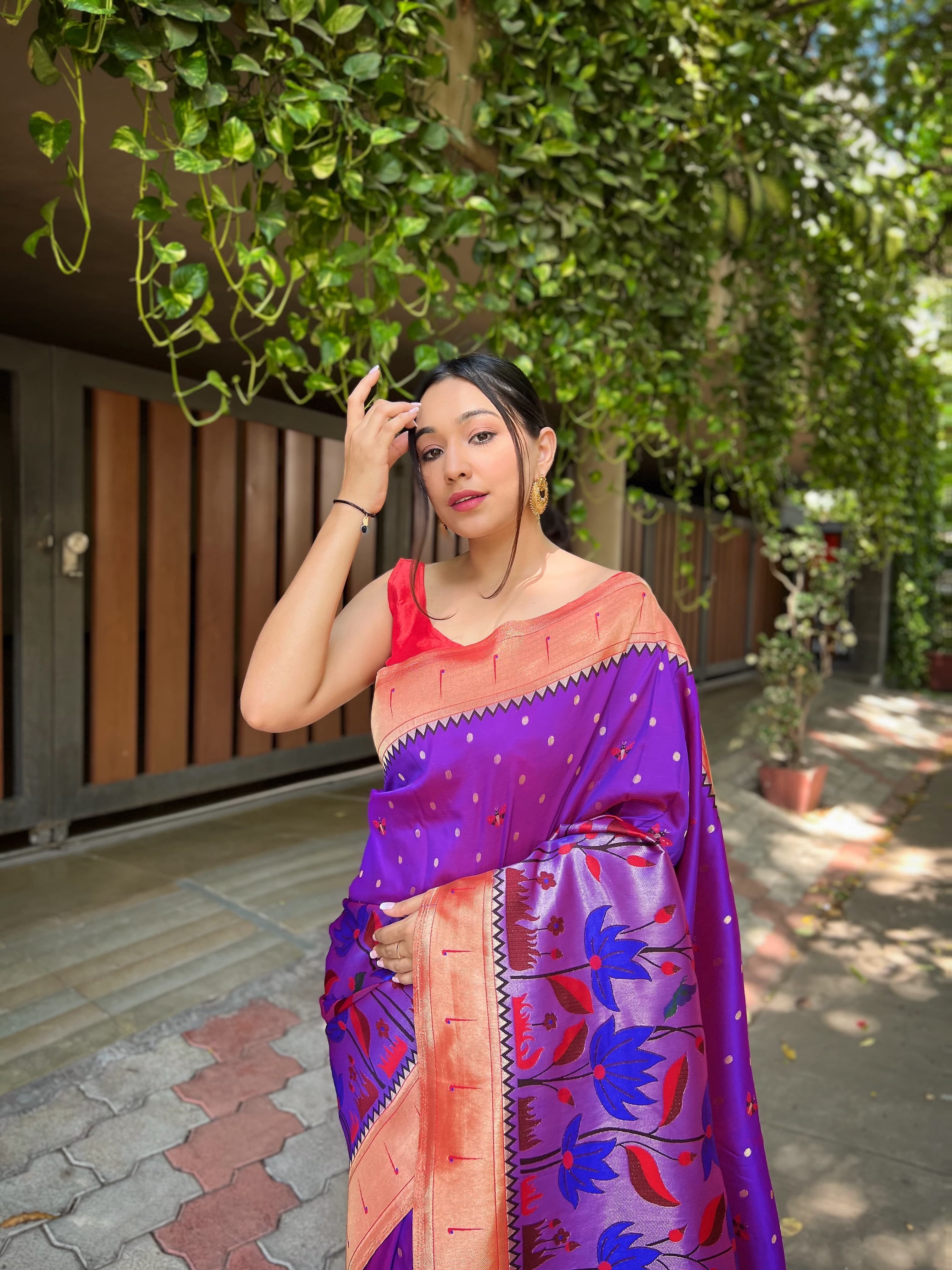 Beautiful Designer Purple Titli Royal Paithani Silk Zari Woven Saree