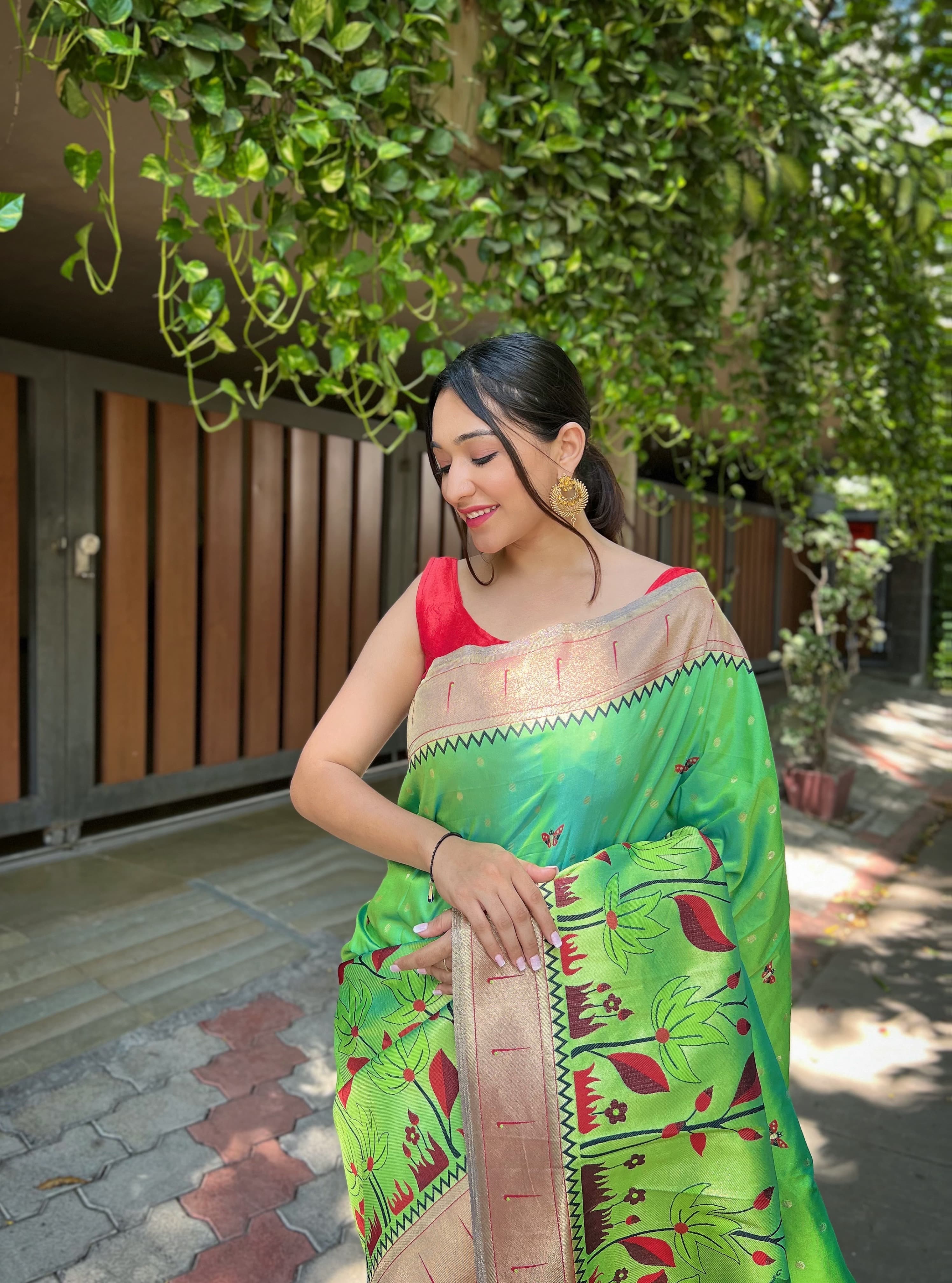 Beautiful Designer Feijoa Green Zari Woven Titli Royal Paithani Silk Saree