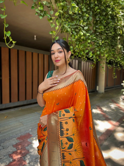 Beautiful Designer Orange Titli Royal Paithani Silk Zari Woven Saree
