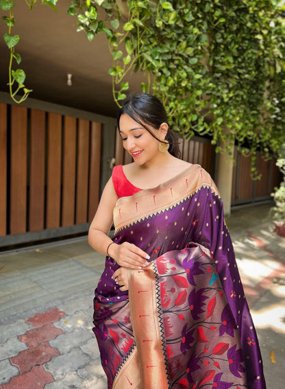 Beautiful Designer Magical Wine Zari Woven Banarasi Silk Wedding Saree With Blouse