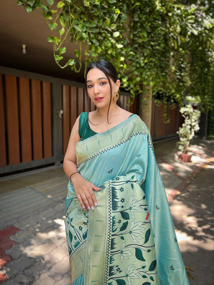 Beautiful Designer Captivating Sky-Blue Zari Woven Banarasi Silk Reception Wear Saree With Blouse