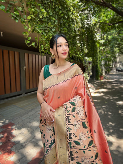 Beautiful Designer Peach Pretty Banarasi Paithani Saree