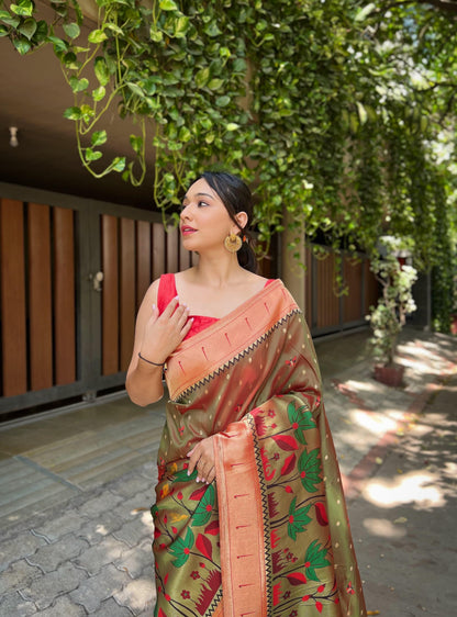 Beautiful Designer Glorious Mehendi-Green Zari Woven Banarasi Silk Wedding Saree With Blouse