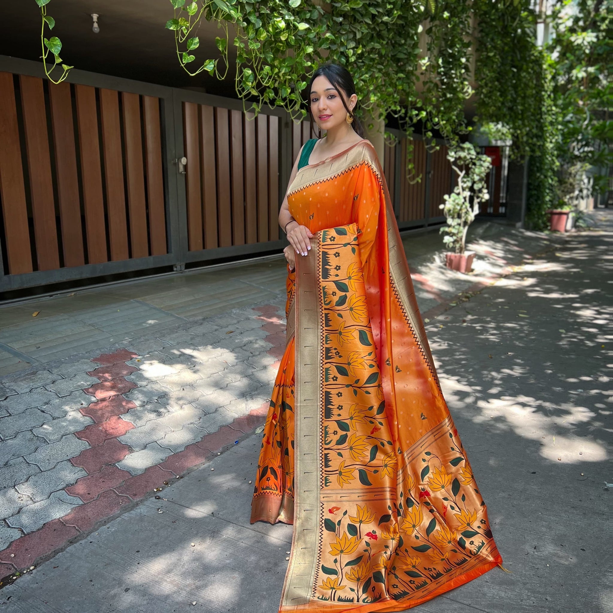 Beautiful Designer Orange Titli Royal Paithani Silk Zari Woven Saree