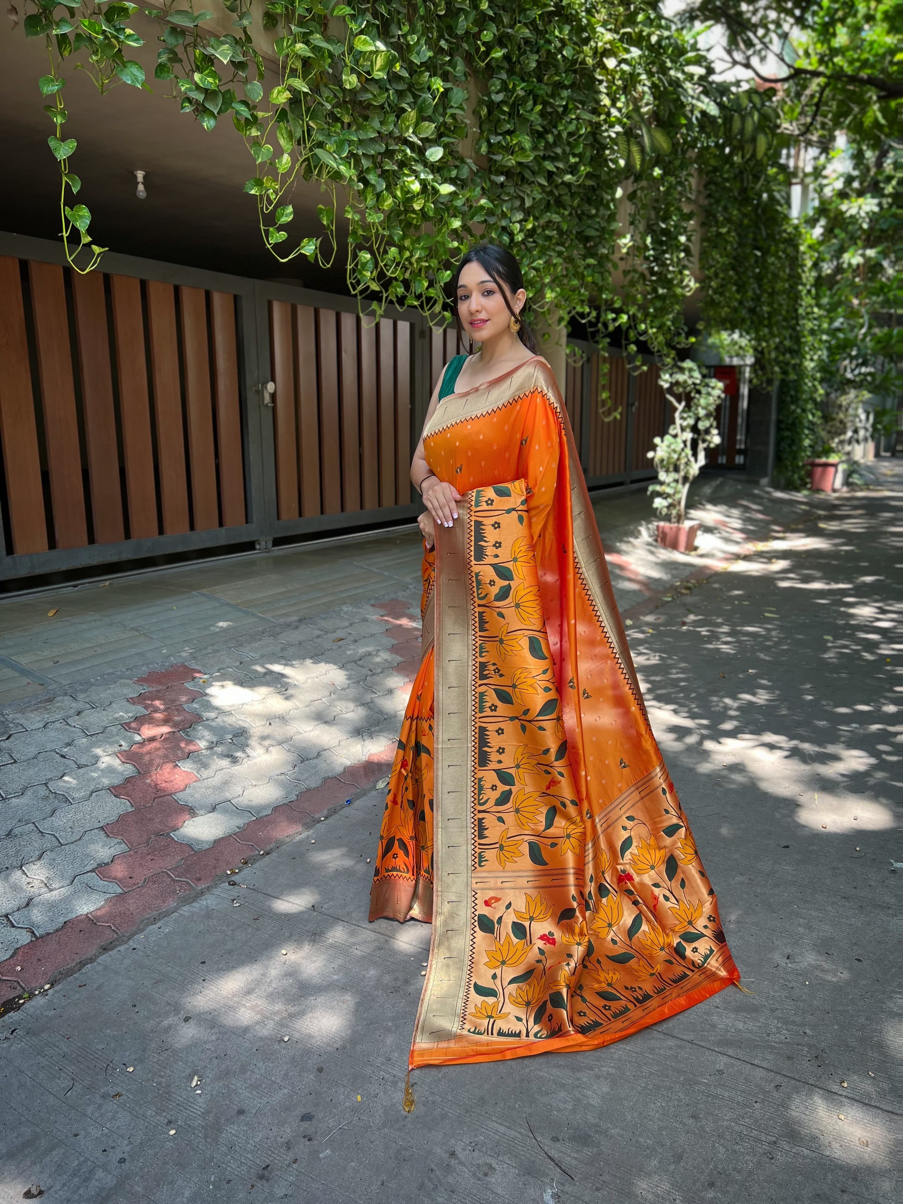 Beautiful Designer Orange Titli Royal Paithani Silk Zari Woven Saree