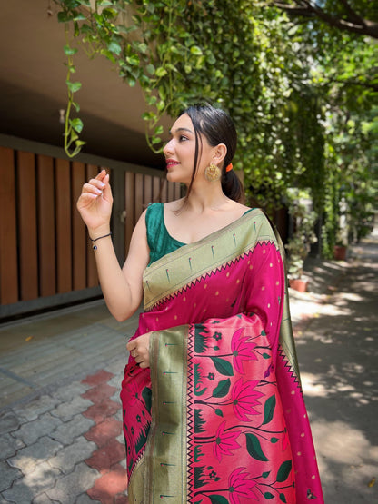 Beautiful Designer Blushing Pink Zari Woven Banarasi Silk Wedding Saree With Blouse